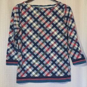 TALBOTS PIMA BATEAU NECK TEE - DIAMOND PLAID‎ SZ S